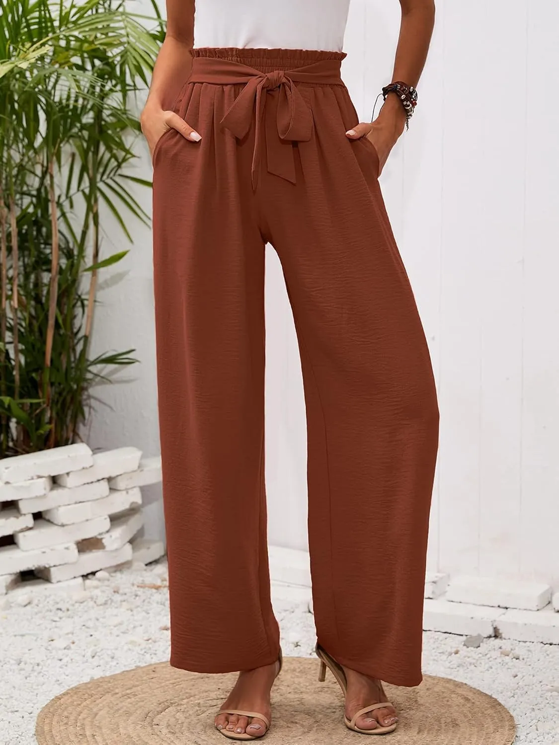 Heymoments Women's Wide Leg Lounge Pants with Pockets Lightweight High Waisted Adjustable Tie Knot Loose Trousers