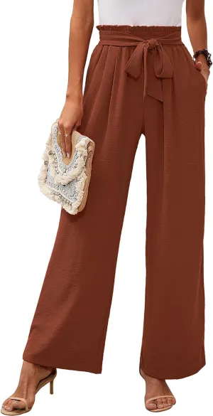 Heymoments Women's Wide Leg Lounge Pants with Pockets Lightweight High Waisted Adjustable Tie Knot Loose Trousers