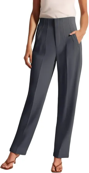 High Waisted Wide Leg Office Work Dress Pants for Women Business Casual Pull on Straight Leg Slacks Trousers Pockets
