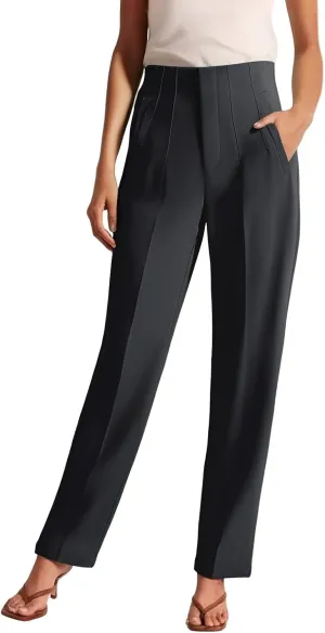 High Waisted Wide Leg Office Work Dress Pants for Women Business Casual Pull on Straight Leg Slacks Trousers Pockets