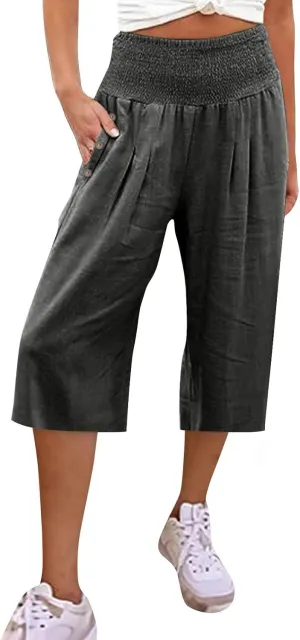 Hiking Pants Women Elastic Waist Button Petite Loose Womens Capris Summer Cargo Capri Pants for Women Stretch Linen
