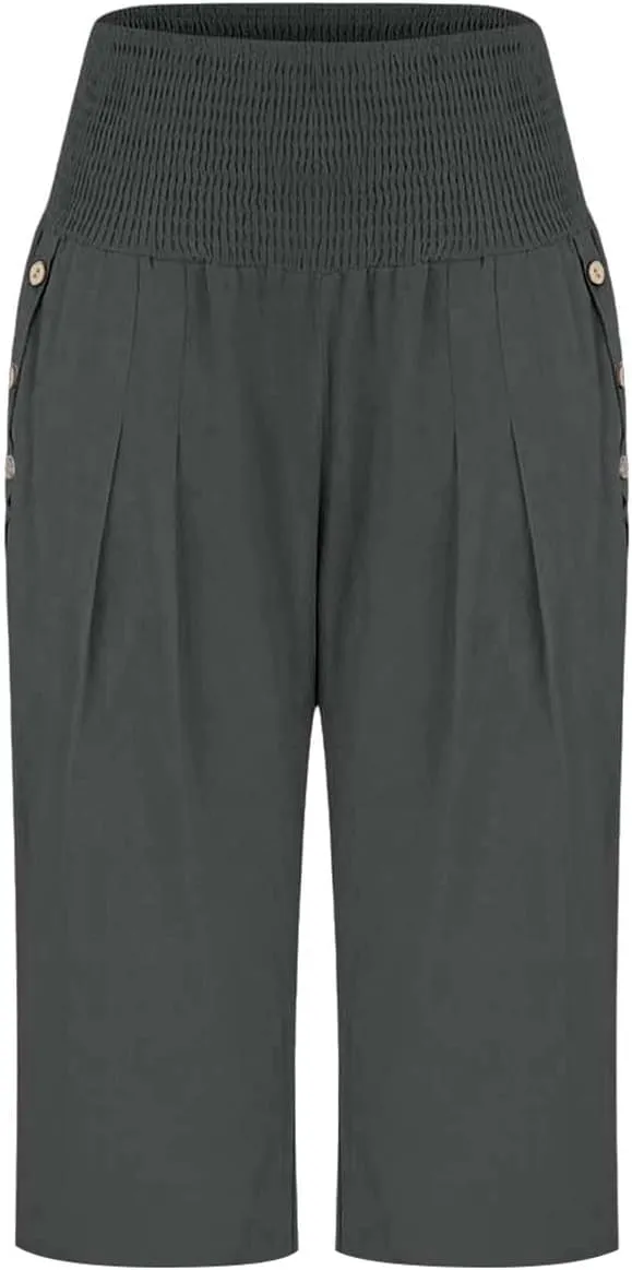 Hiking Pants Women Elastic Waist Button Petite Loose Womens Capris Summer Cargo Capri Pants for Women Stretch Linen