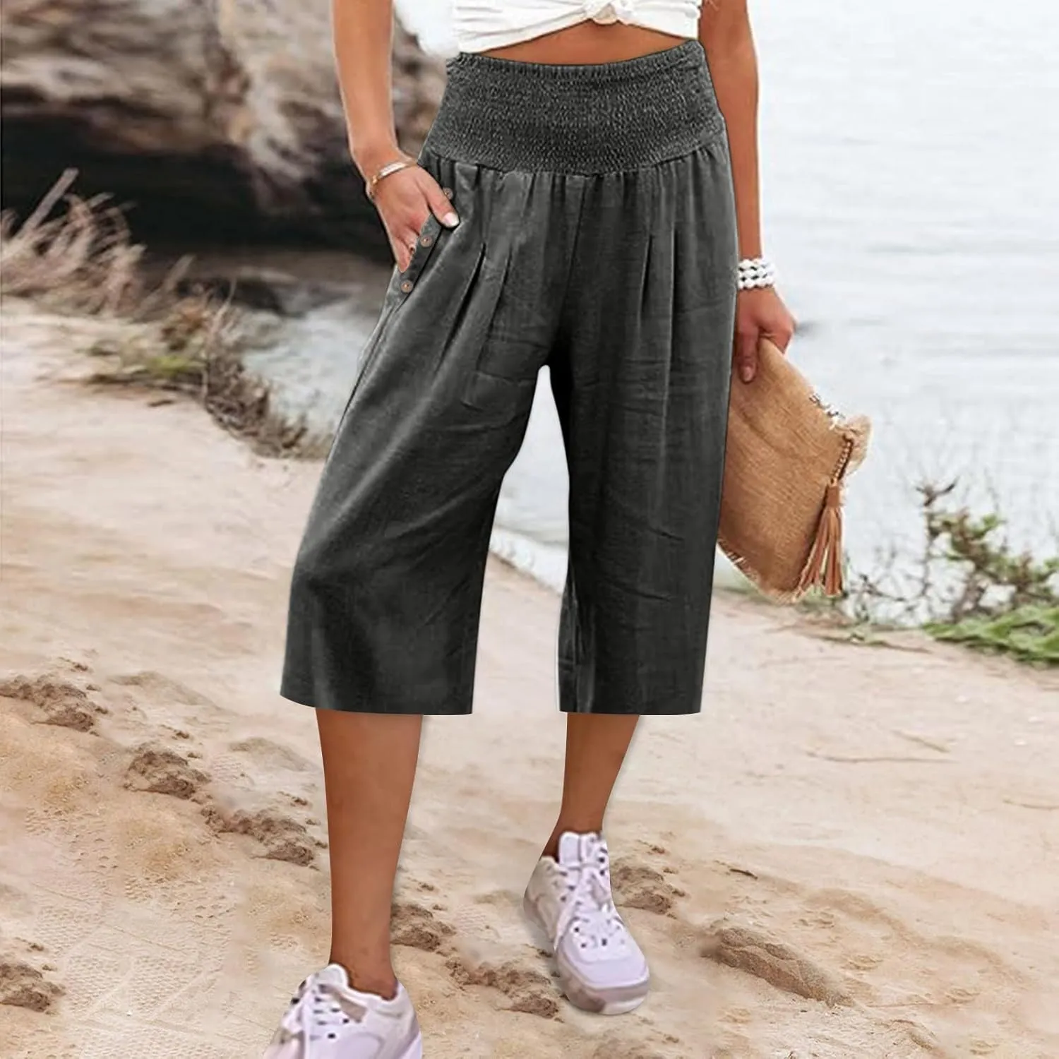 Hiking Pants Women Elastic Waist Button Petite Loose Womens Capris Summer Cargo Capri Pants for Women Stretch Linen