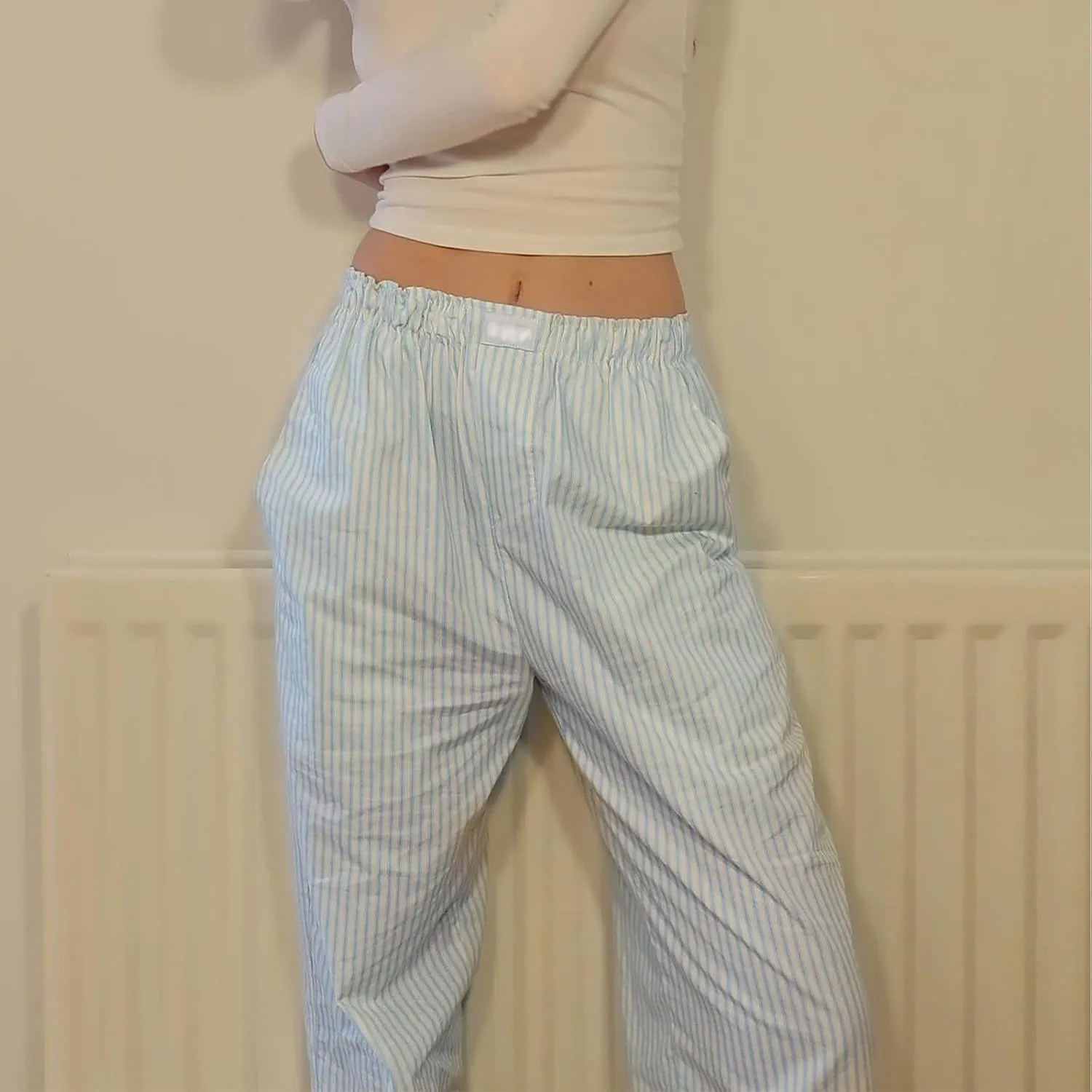 HOXIJIA Women Casual Striped Print Long Pants Elastic High Waist Loose Fit Straight Wide Leg Trousers Y2K Streetwear
