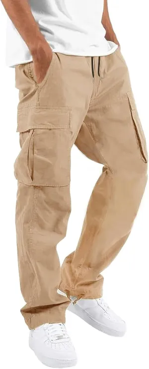HUNGSON Mens Cargo Pants Drawstring Casual Hiking Pants Joggers Athletic Trousers Cotton Loose Straight Sweatpants for Men