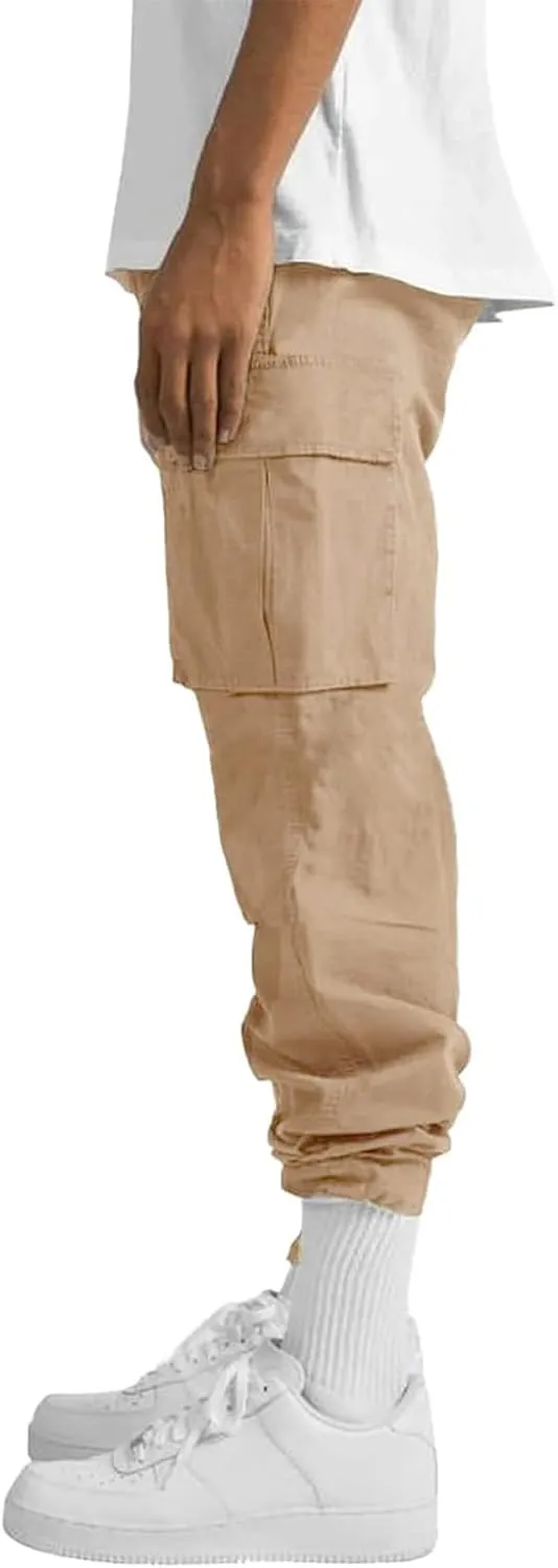 HUNGSON Mens Cargo Pants Drawstring Casual Hiking Pants Joggers Athletic Trousers Cotton Loose Straight Sweatpants for Men