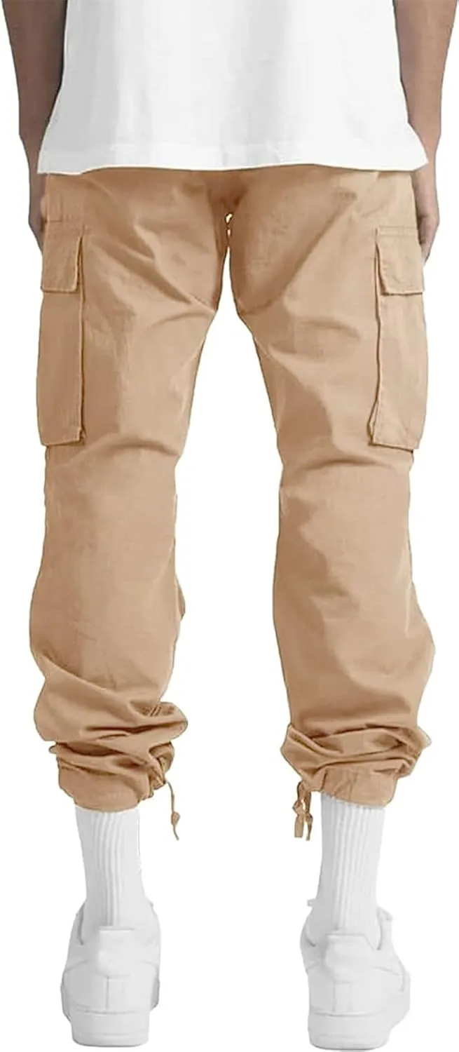 HUNGSON Mens Cargo Pants Drawstring Casual Hiking Pants Joggers Athletic Trousers Cotton Loose Straight Sweatpants for Men