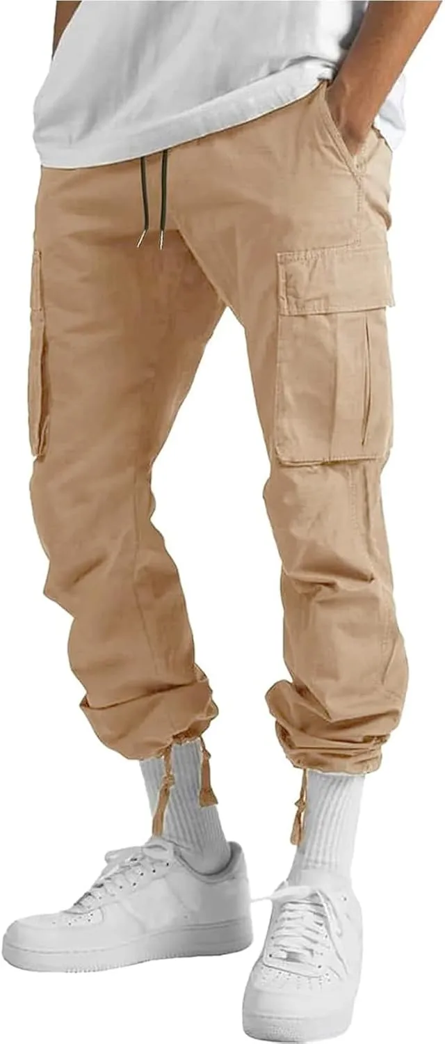 HUNGSON Mens Cargo Pants Drawstring Casual Hiking Pants Joggers Athletic Trousers Cotton Loose Straight Sweatpants for Men
