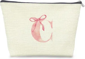 Initial Makeup Bag Letter C Monogram Makeup Bags for Women, Pink Bow Cosmetic Bag, Preppy Makeup Bag, Aesthetic Makeup Bag, Preppy Stuff, Coquette Stuff, Girly Makeup Bag, Pink Makeup Pouch