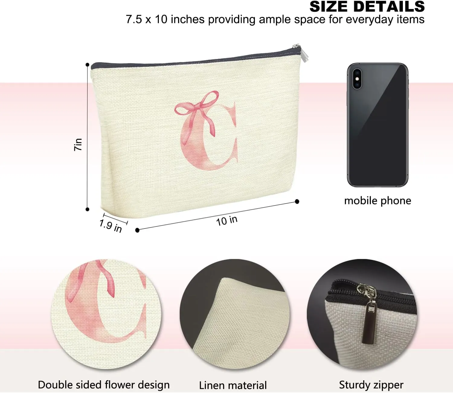 Initial Makeup Bag Letter C Monogram Makeup Bags for Women, Pink Bow Cosmetic Bag, Preppy Makeup Bag, Aesthetic Makeup Bag, Preppy Stuff, Coquette Stuff, Girly Makeup Bag, Pink Makeup Pouch