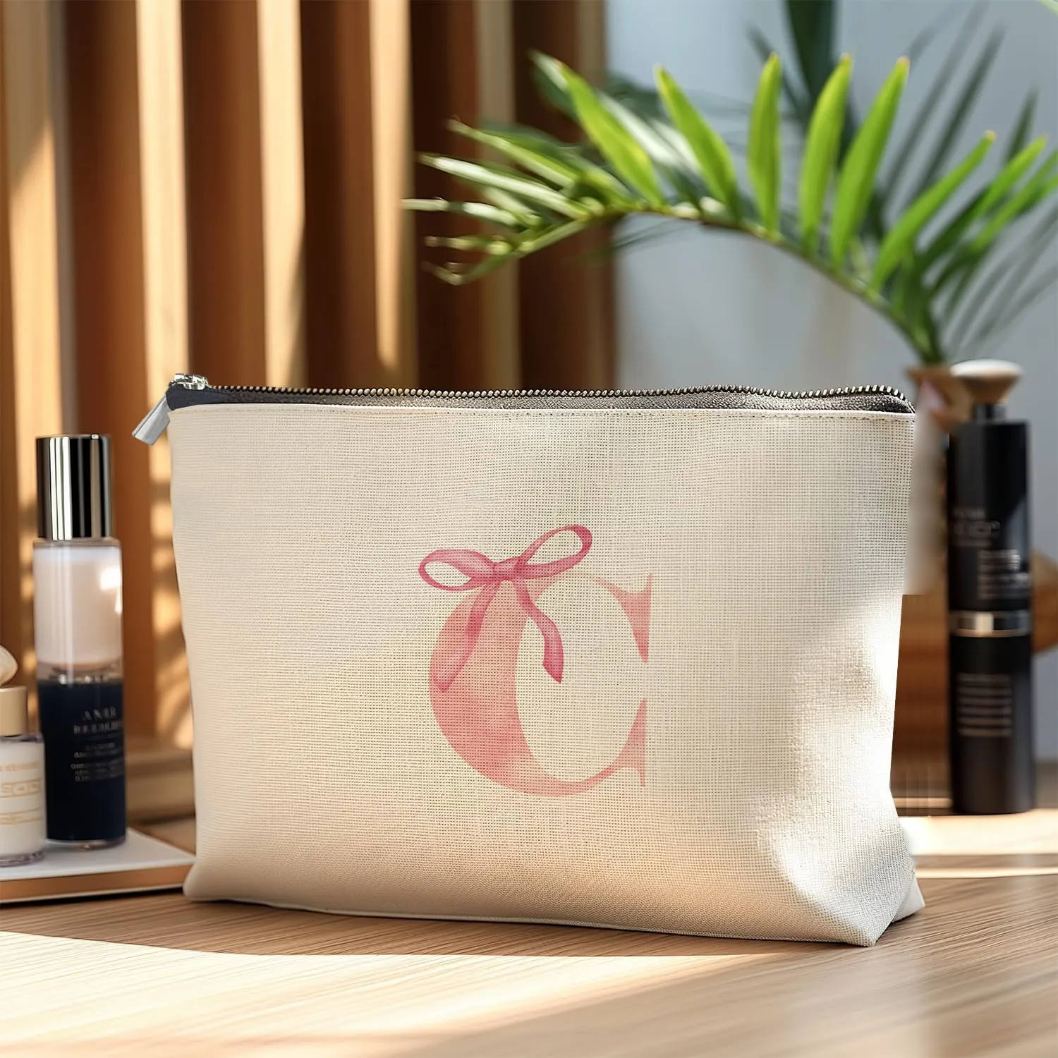 Initial Makeup Bag Letter C Monogram Makeup Bags for Women, Pink Bow Cosmetic Bag, Preppy Makeup Bag, Aesthetic Makeup Bag, Preppy Stuff, Coquette Stuff, Girly Makeup Bag, Pink Makeup Pouch