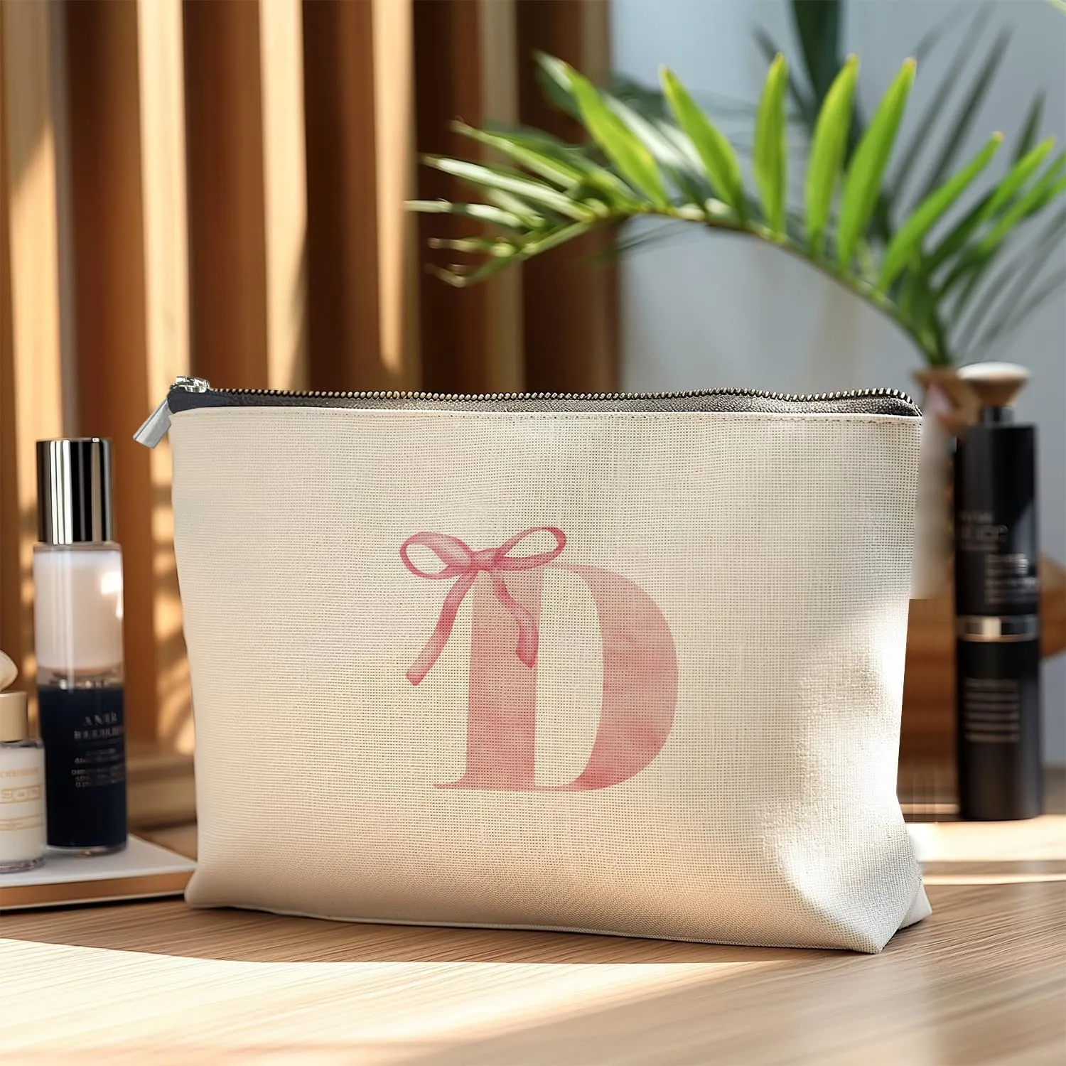 Initial Makeup Bag Letter D Monogram Makeup Bags for Women, Pink Bow Cosmetic Bag, Preppy Makeup Bag, Aesthetic Makeup Bag, Preppy Stuff, Coquette Stuff, Girly Makeup Bag, Pink Makeup Pouch