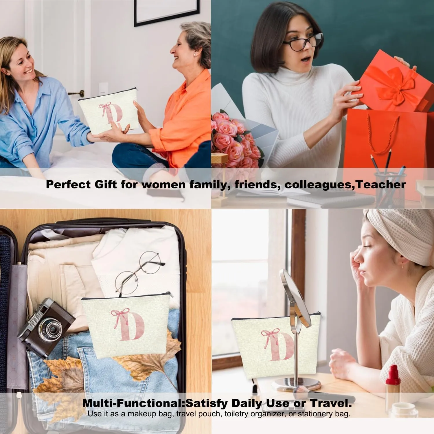 Initial Makeup Bag Letter D Monogram Makeup Bags for Women, Pink Bow Cosmetic Bag, Preppy Makeup Bag, Aesthetic Makeup Bag, Preppy Stuff, Coquette Stuff, Girly Makeup Bag, Pink Makeup Pouch