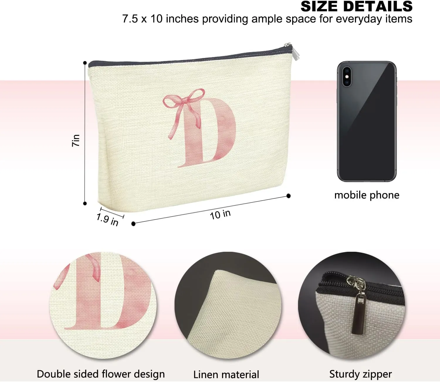 Initial Makeup Bag Letter D Monogram Makeup Bags for Women, Pink Bow Cosmetic Bag, Preppy Makeup Bag, Aesthetic Makeup Bag, Preppy Stuff, Coquette Stuff, Girly Makeup Bag, Pink Makeup Pouch