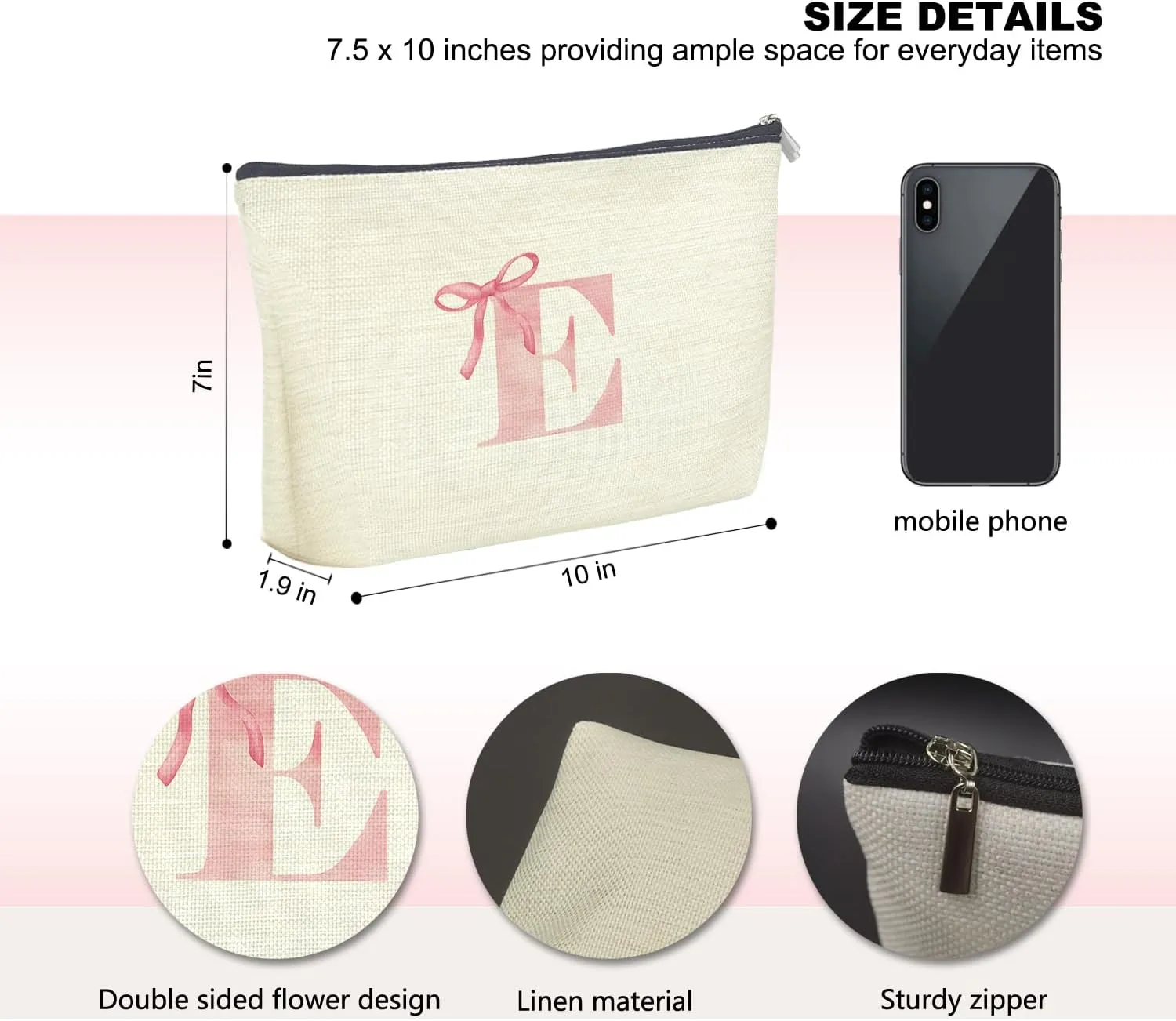 Initial Makeup Bag Letter E Monogram Makeup Bags for Women, Pink Bow Cosmetic Bag, Preppy Makeup Bag, Aesthetic Makeup Bag, Preppy Stuff, Coquette Stuff, Girly Makeup Bag, Pink Makeup Pouch