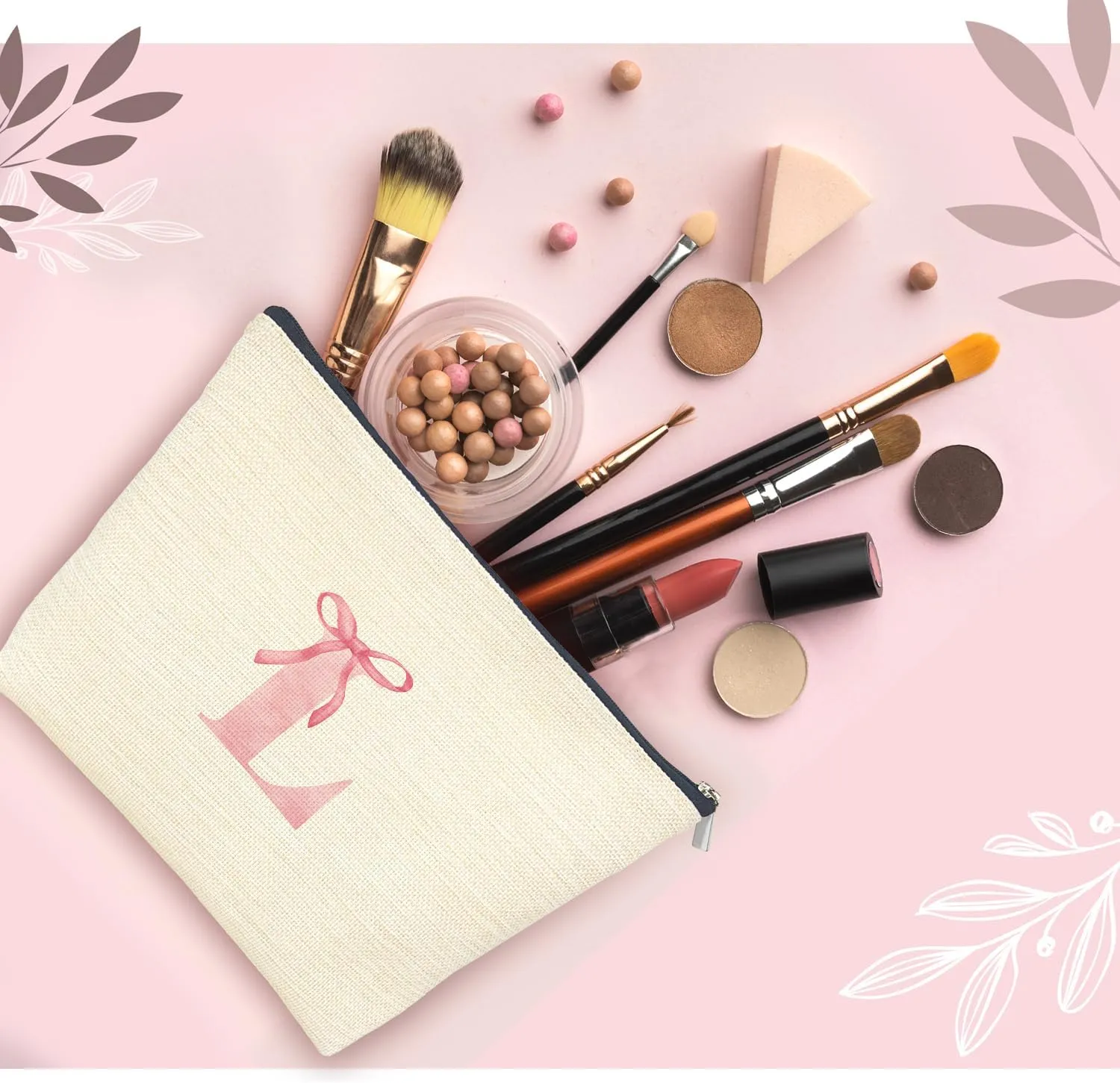 Initial Makeup Bag Letter L Monogram Makeup Bags for Women, Pink Bow Cosmetic Bag, Preppy Makeup Bag, Aesthetic Makeup Bag, Preppy Stuff, Coquette Stuff, Girly Makeup Bag, Pink Makeup Pouch