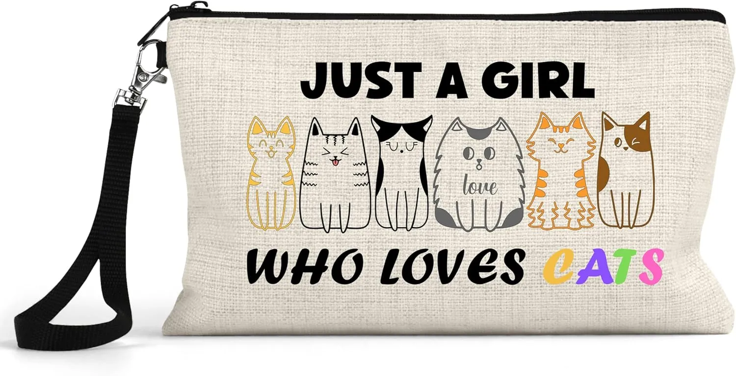 J&D's Everyday Needs Just A Girl Who Loves Cats Cat Makeup Bag - Cat Themed Gifts for Women & Girls, Cute Mom Cosmetic Gift Bag Pouch, Funny Birthday Purses & Bags for Kitty Merchandise Lovers