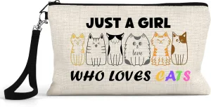 J&D's Everyday Needs Just A Girl Who Loves Cats Cat Makeup Bag - Cat Themed Gifts for Women & Girls, Cute Mom Cosmetic Gift Bag Pouch, Funny Birthday Purses & Bags for Kitty Merchandise Lovers
