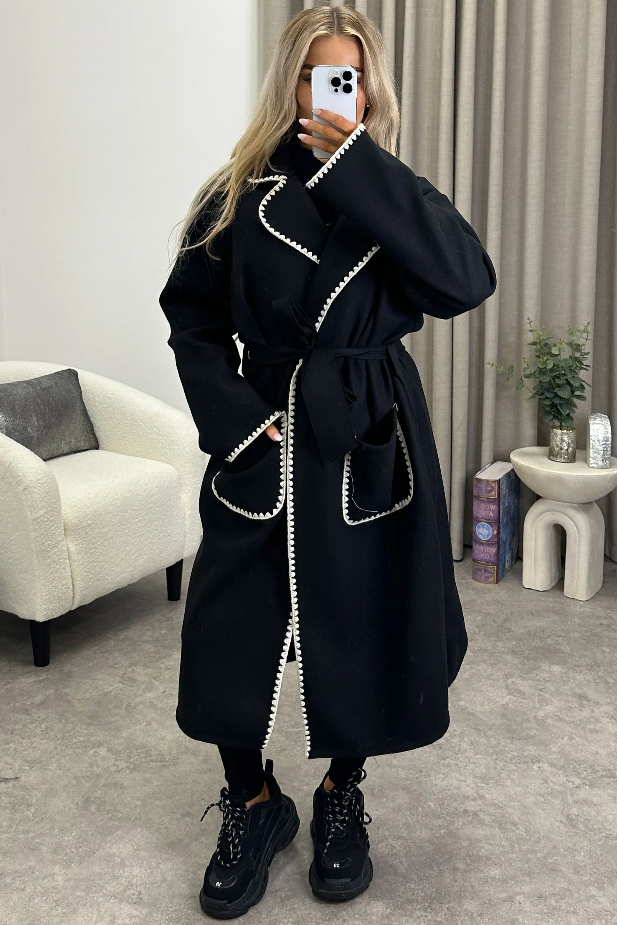 Jayde Black Wool Look Contrasting Trim Belted Button Up Longline Jacket
