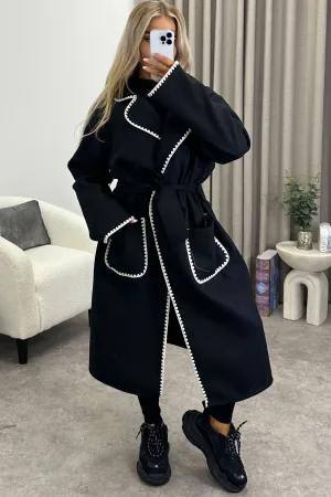 Jayde Black Wool Look Contrasting Trim Belted Button Up Longline Jacket