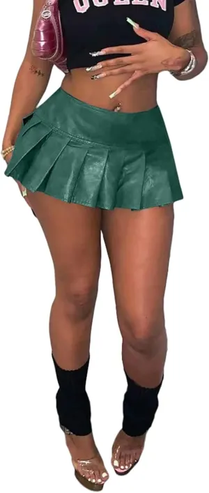 kaimimei Womens Sexy Y2K Pu Leather Skirt High Wiast Stretchy Cute Mini Pleated Short Skirt Clubwear
