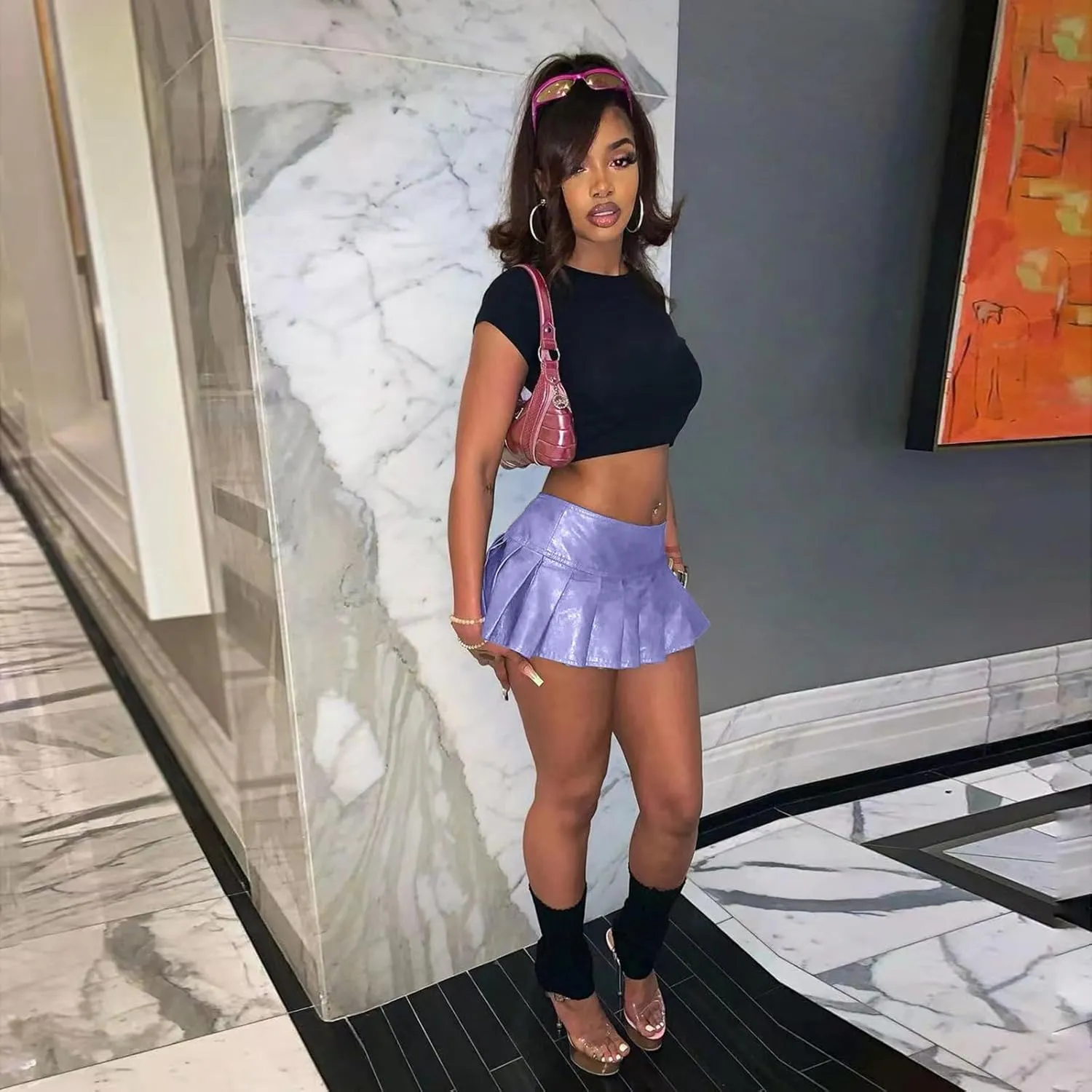 kaimimei Womens Sexy Y2K Pu Leather Skirt High Wiast Stretchy Cute Mini Pleated Short Skirt Clubwear