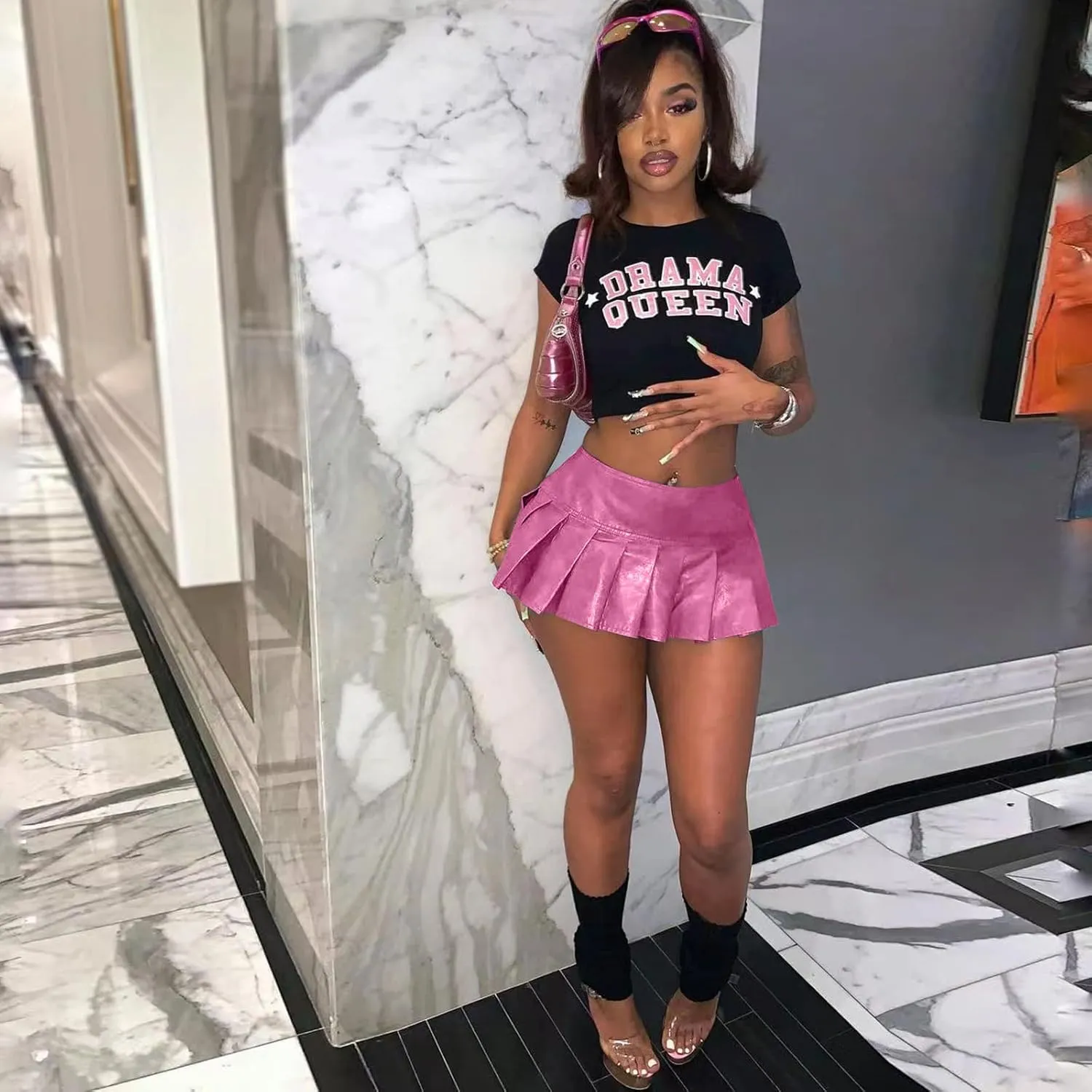 kaimimei Womens Sexy Y2K Pu Leather Skirt High Wiast Stretchy Cute Mini Pleated Short Skirt Clubwear