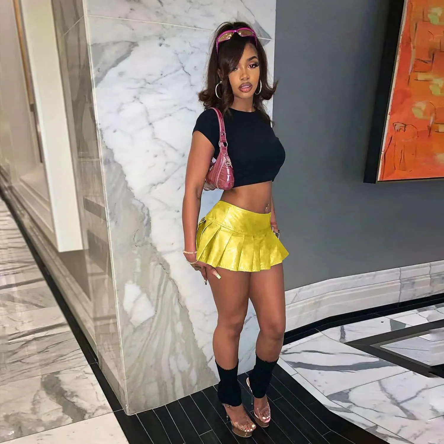 kaimimei Womens Sexy Y2K Pu Leather Skirt High Wiast Stretchy Cute Mini Pleated Short Skirt Clubwear