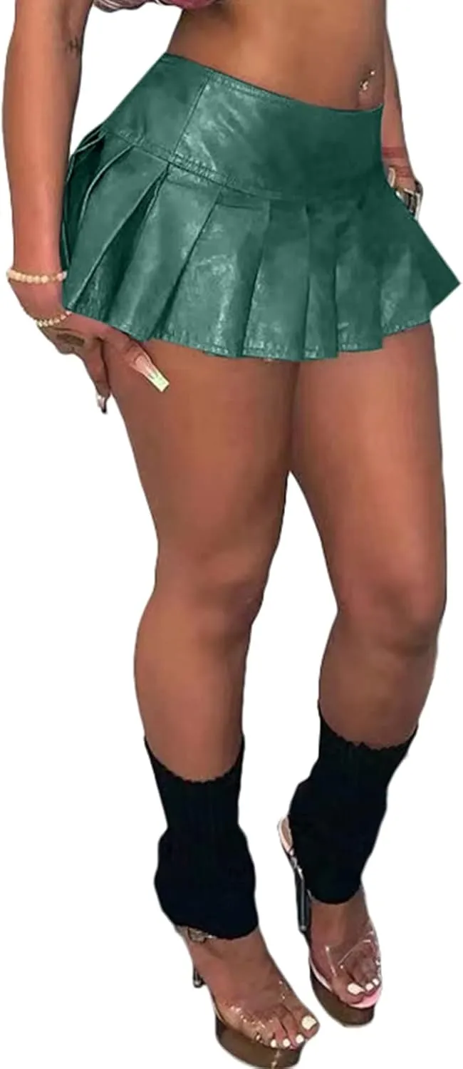 kaimimei Womens Sexy Y2K Pu Leather Skirt High Wiast Stretchy Cute Mini Pleated Short Skirt Clubwear