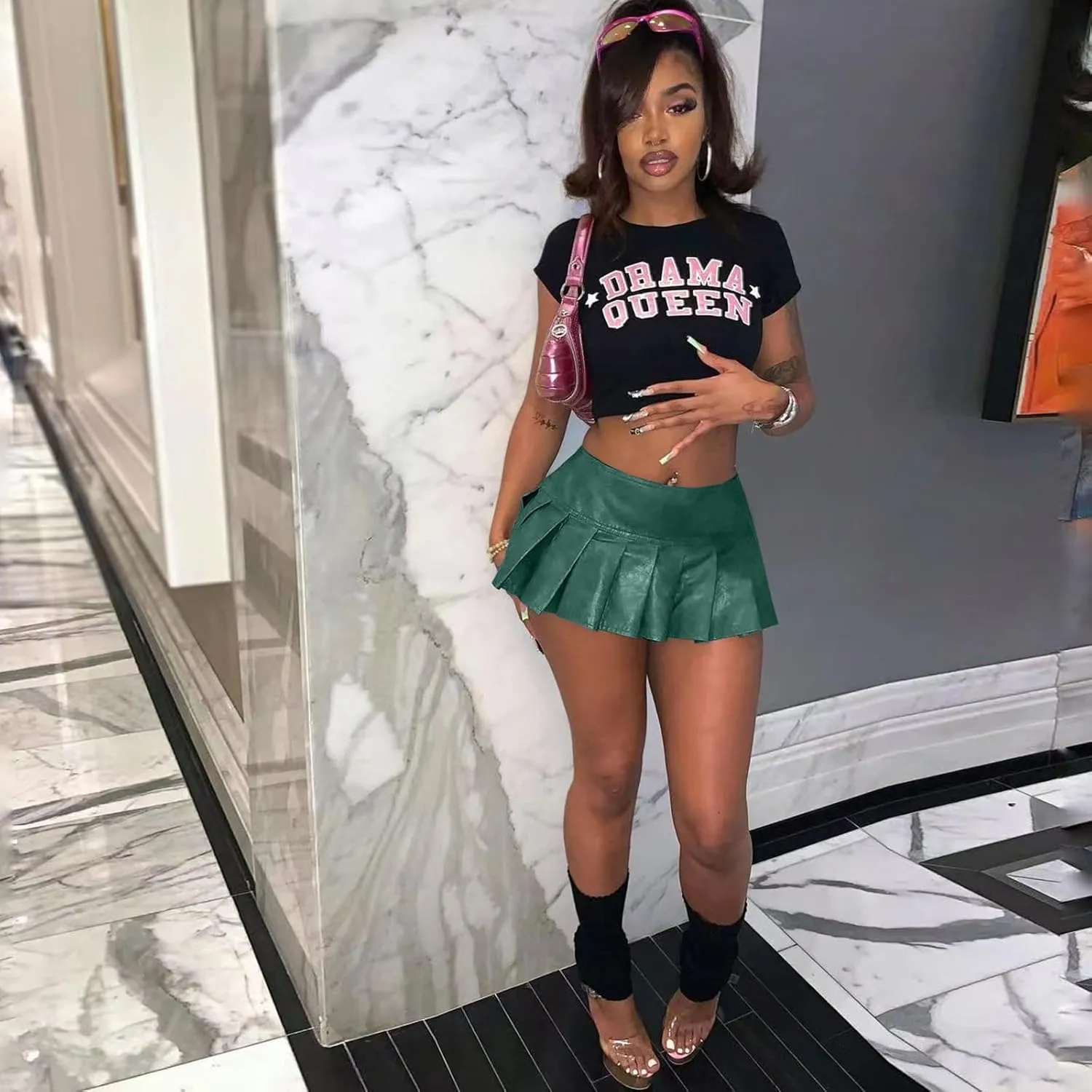 kaimimei Womens Sexy Y2K Pu Leather Skirt High Wiast Stretchy Cute Mini Pleated Short Skirt Clubwear
