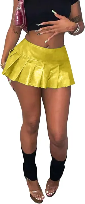 kaimimei Womens Sexy Y2K Pu Leather Skirt High Wiast Stretchy Cute Mini Pleated Short Skirt Clubwear