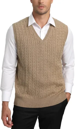 Kallspin Mens Wool Blended Cable Knit Sweater Vest V Neck Relaxed Fit Sleeveless Pullovers