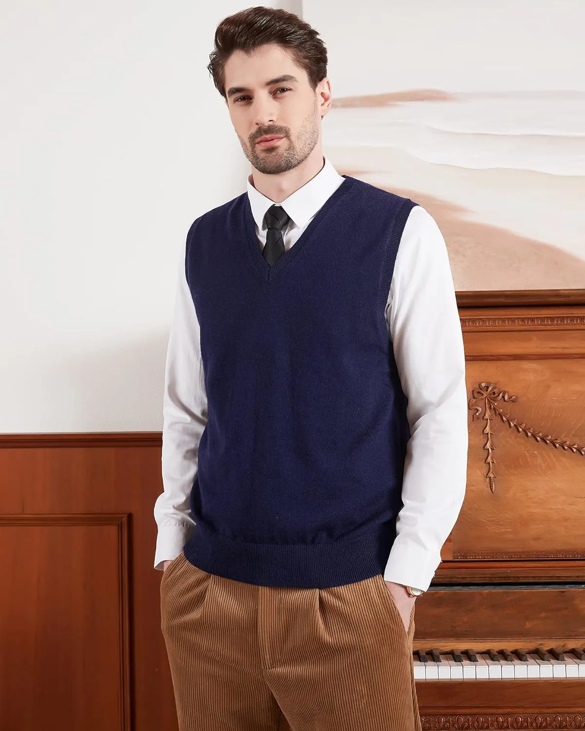 Kallspin Men's Wool Blended Vest Sweater Relaxed Fit V Neck Sleeveless Knitted Pullover