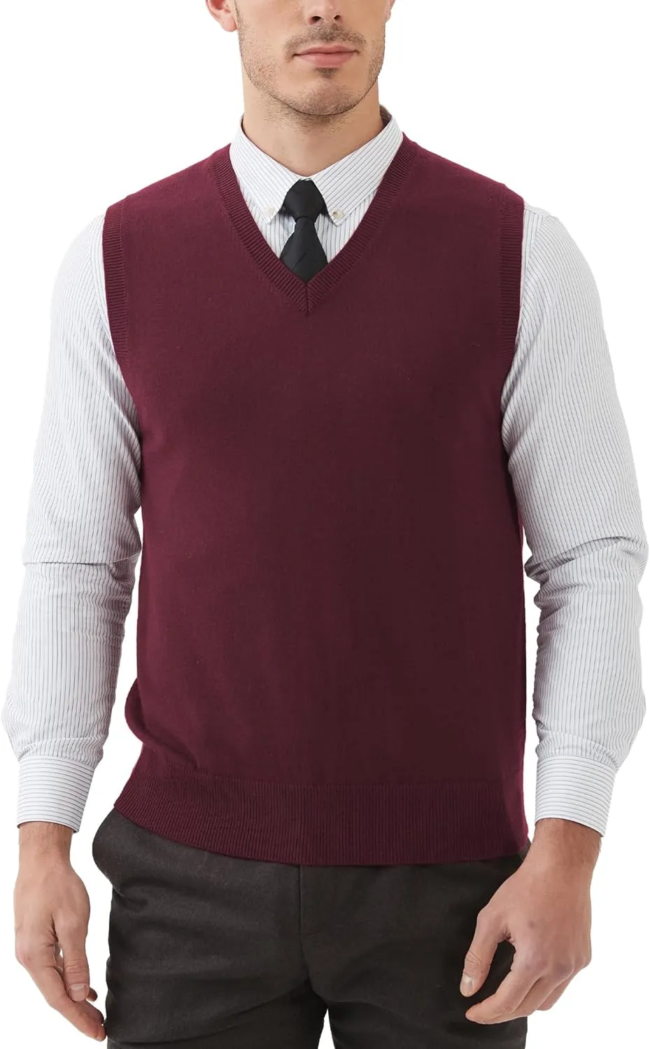 Kallspin Men's Wool Blended Vest Sweater Relaxed Fit V Neck Sleeveless Knitted Pullover