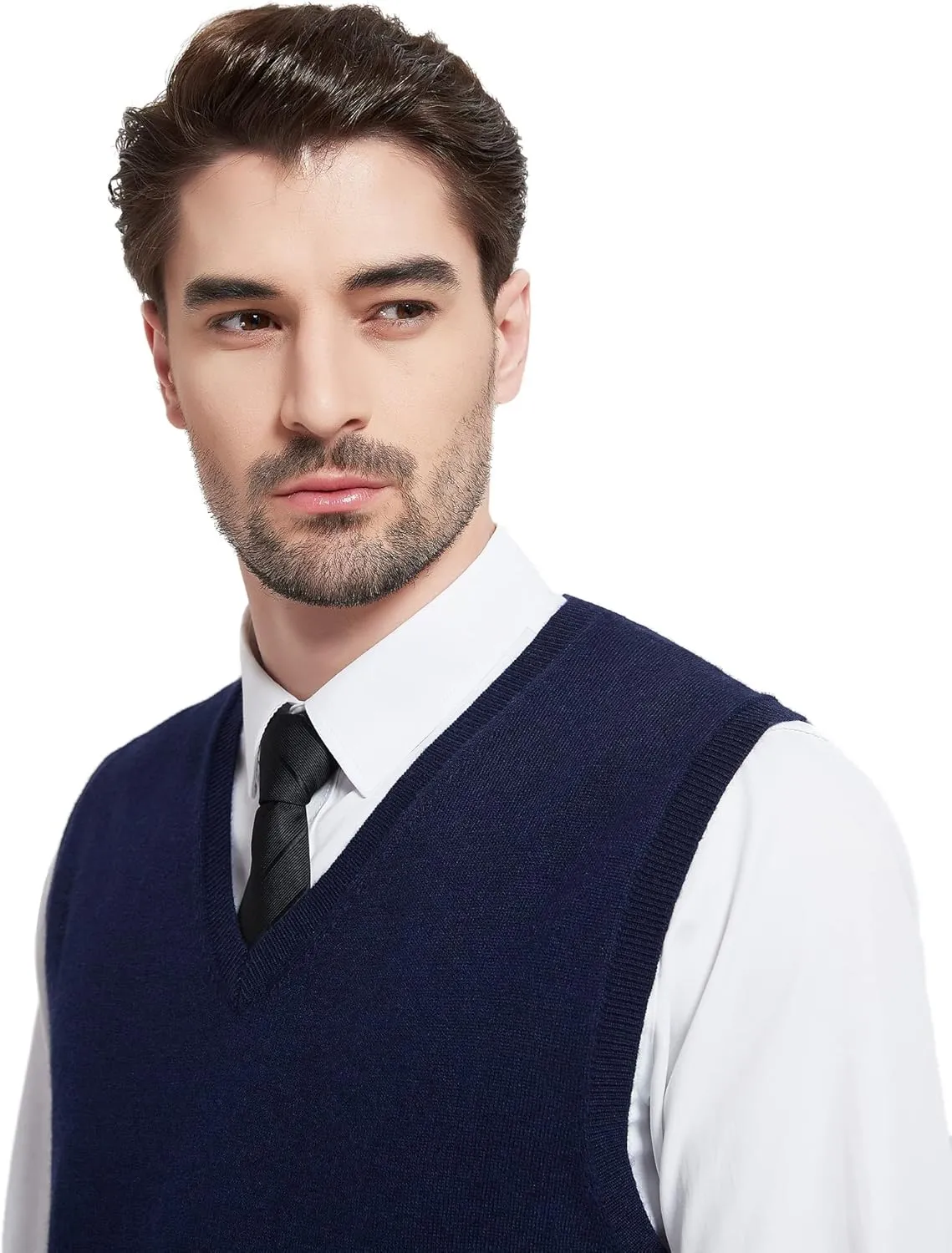 Kallspin Men's Wool Blended Vest Sweater Relaxed Fit V Neck Sleeveless Knitted Pullover