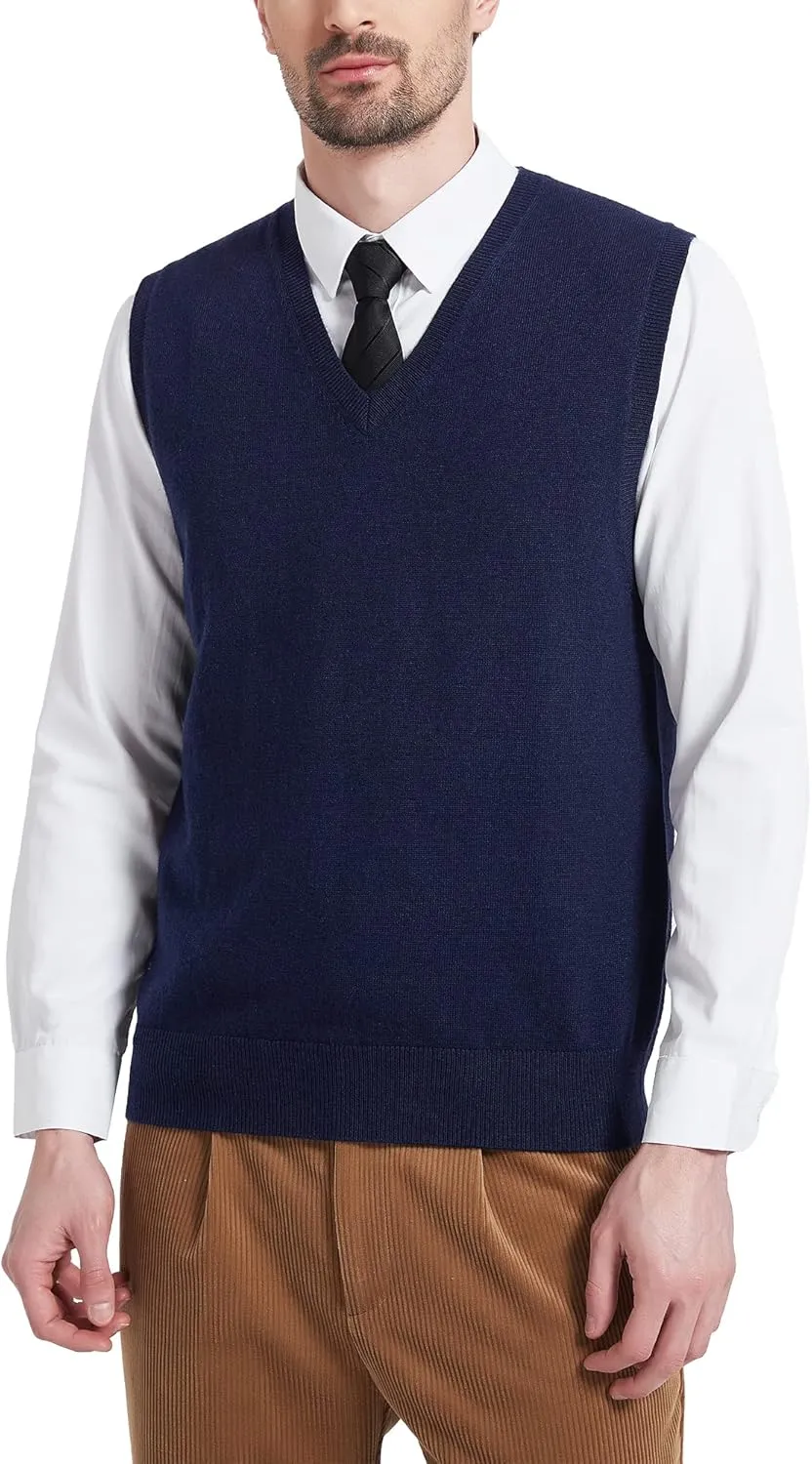 Kallspin Men's Wool Blended Vest Sweater Relaxed Fit V Neck Sleeveless Knitted Pullover