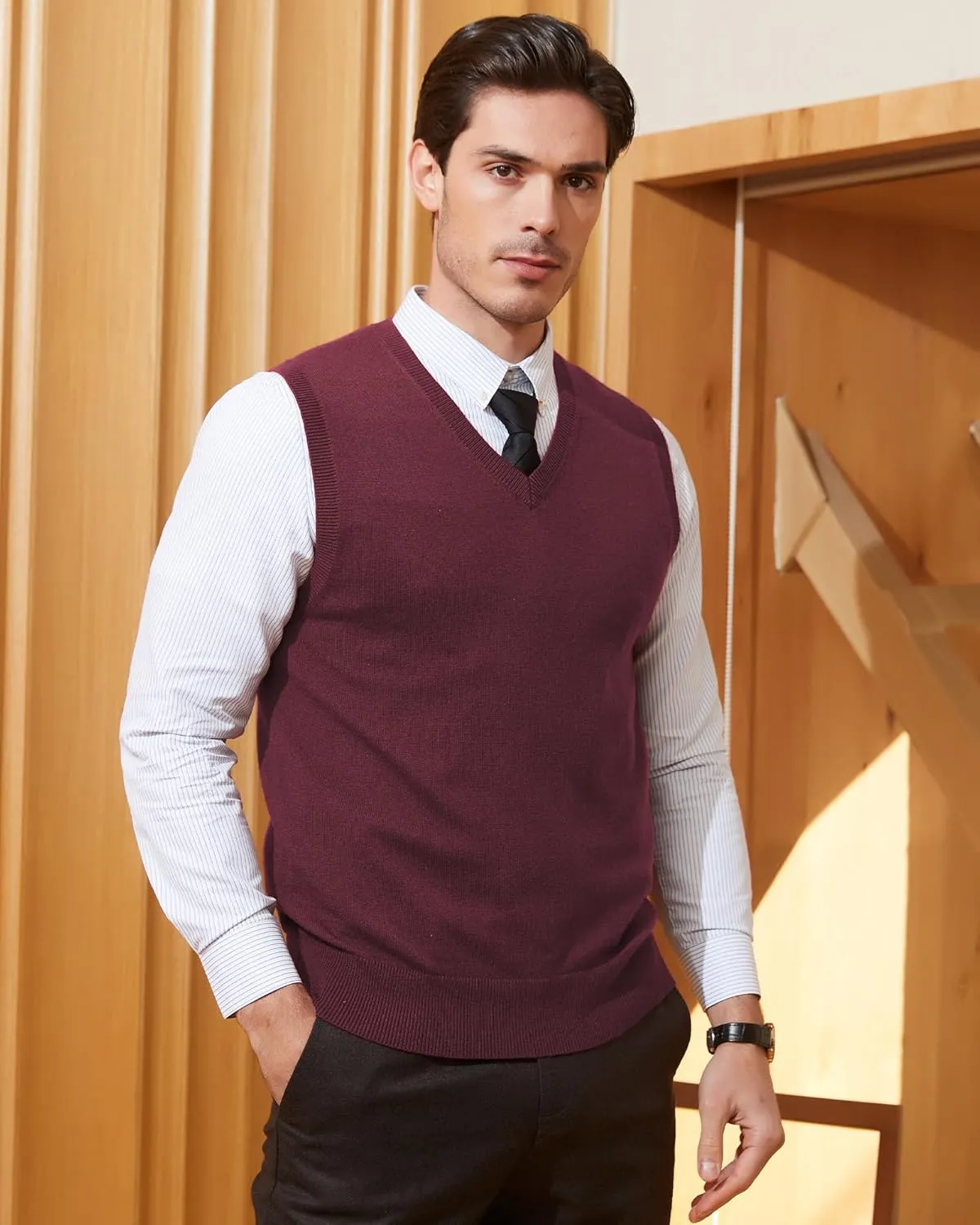Kallspin Men's Wool Blended Vest Sweater Relaxed Fit V Neck Sleeveless Knitted Pullover
