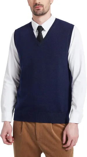 Kallspin Men's Wool Blended Vest Sweater Relaxed Fit V Neck Sleeveless Knitted Pullover