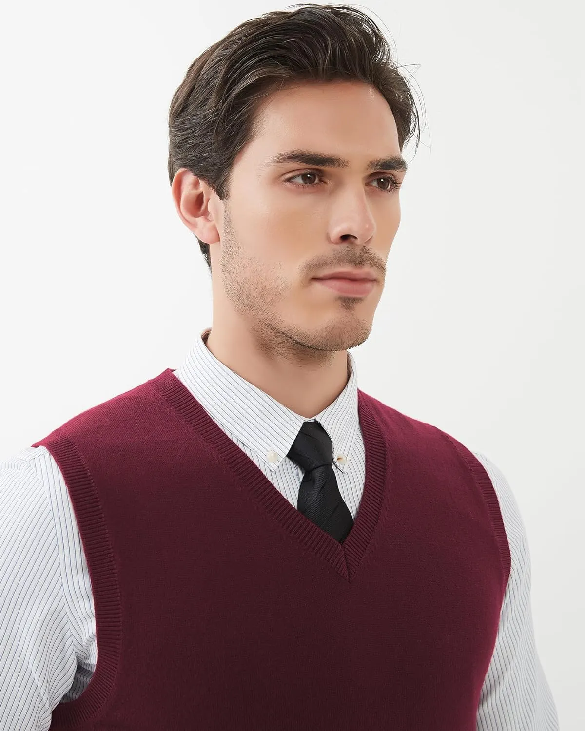 Kallspin Men's Wool Blended Vest Sweater Relaxed Fit V Neck Sleeveless Knitted Pullover