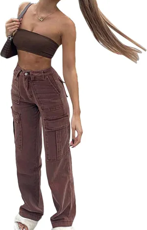 KMBANGI Women High Waist Baggy Jeans Wide Leg Straight Demin Cargo Pants Casual Loose Trousers Y2k Fashion Streetwear