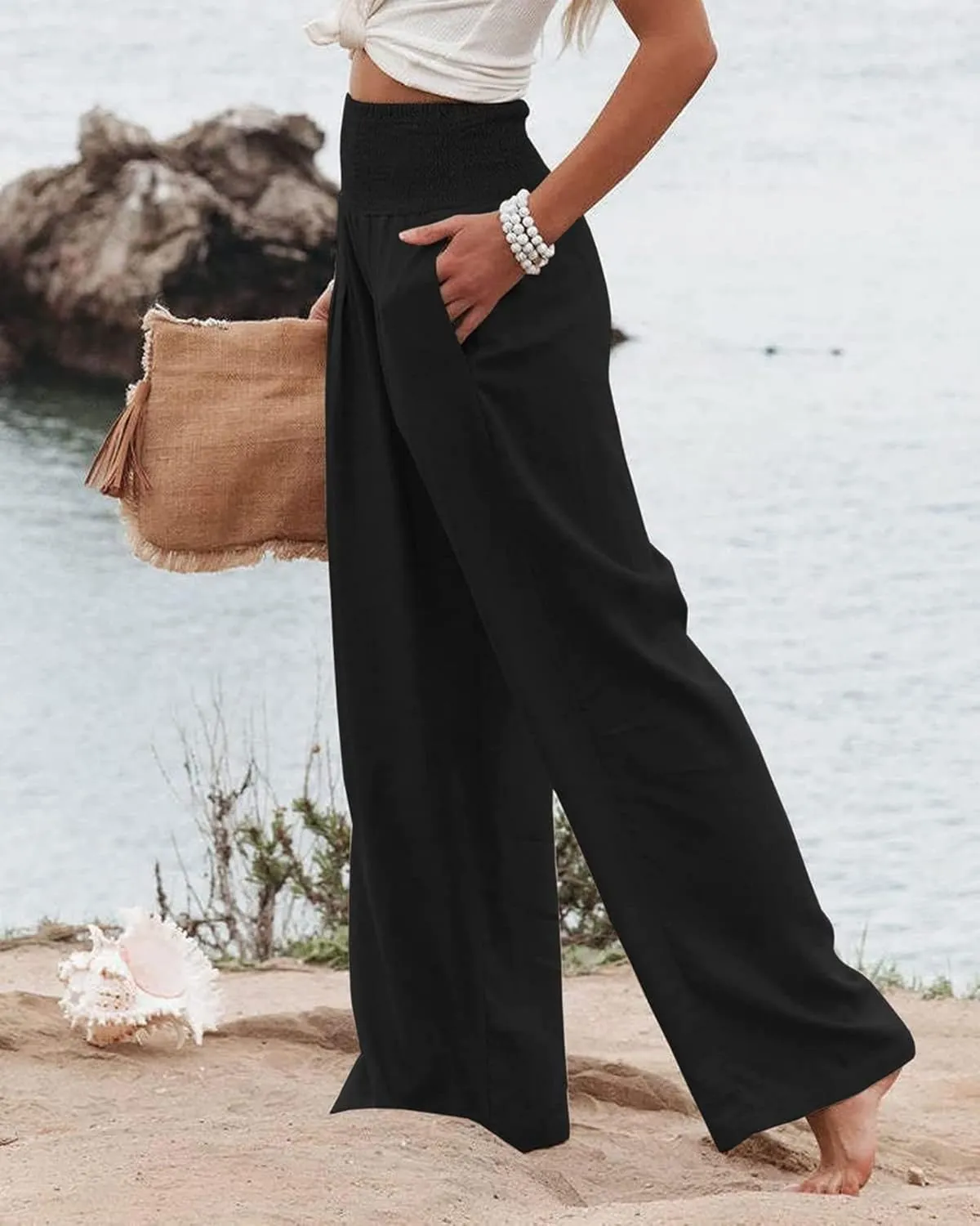 Kubbon Cotton Linen Pants for Women High Waist Smocked Palazzo Pants Casual Wide Leg Lounge Pant Beach Travel Trousers