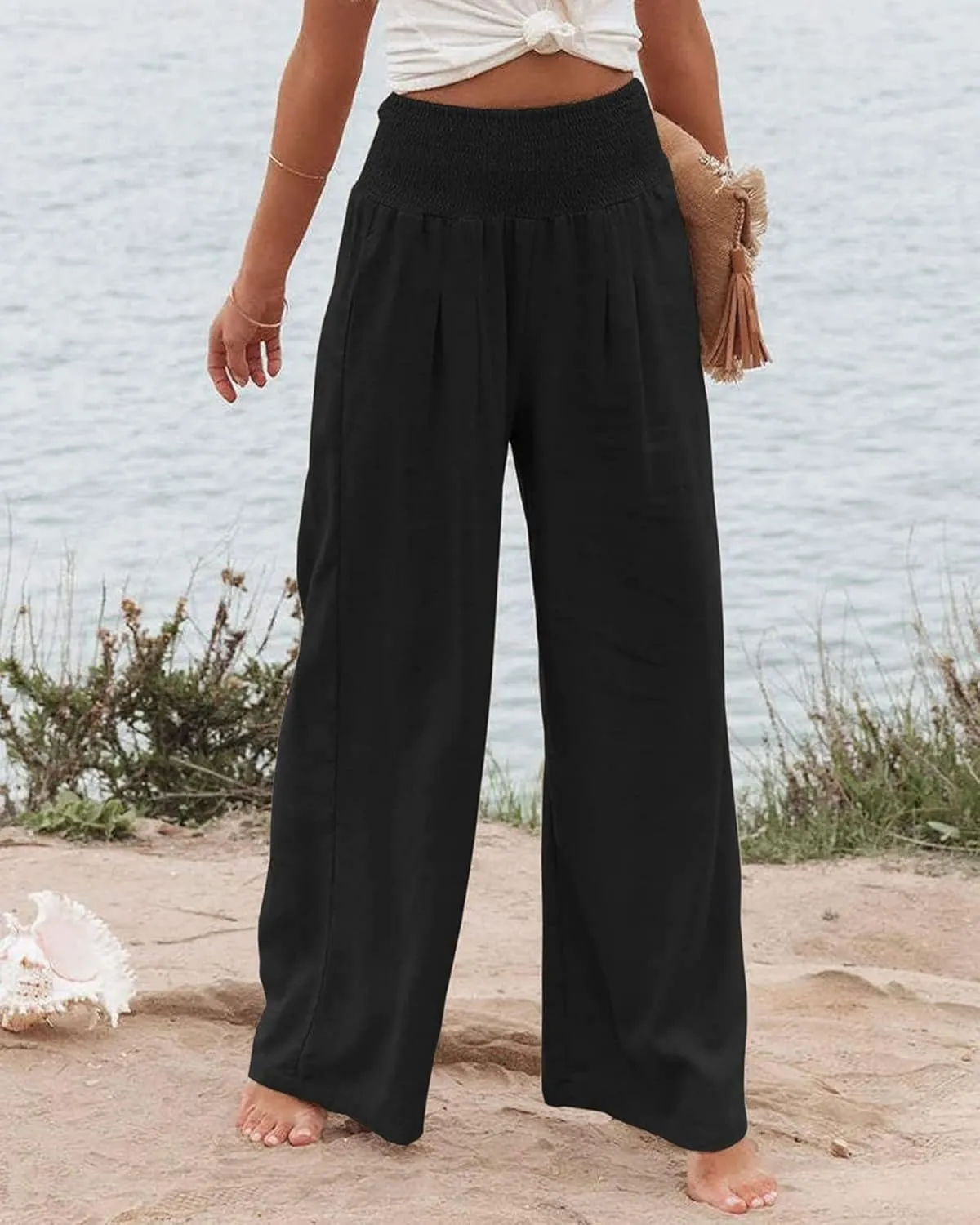 Kubbon Cotton Linen Pants for Women High Waist Smocked Palazzo Pants Casual Wide Leg Lounge Pant Beach Travel Trousers