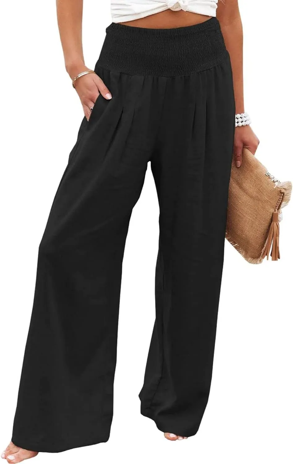 Kubbon Cotton Linen Pants for Women High Waist Smocked Palazzo Pants Casual Wide Leg Lounge Pant Beach Travel Trousers