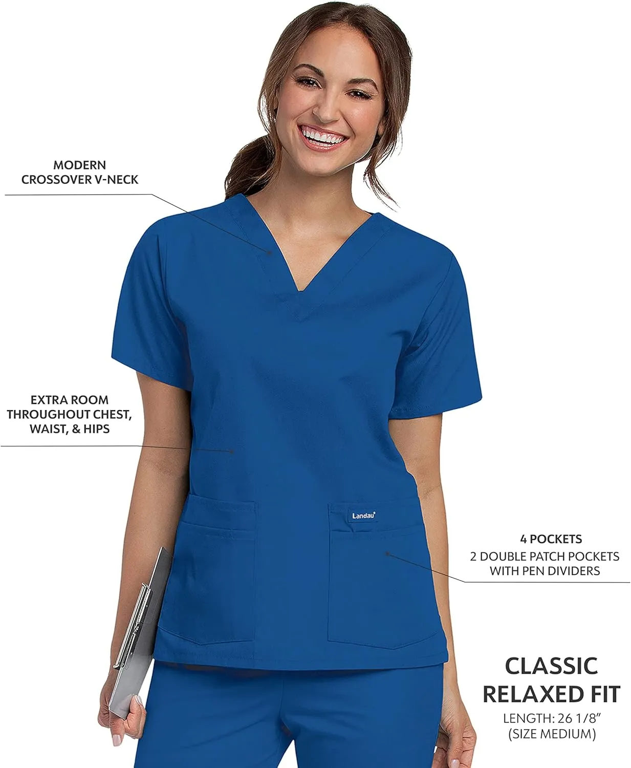 Landau Essentials Relaxed Fit 4-Pocket V-Neck Scrub Top for Women 8219