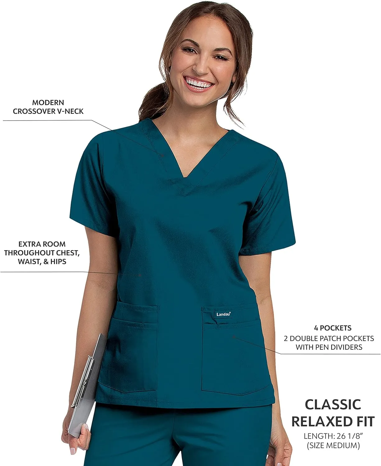 Landau Essentials Relaxed Fit 4-Pocket V-Neck Scrub Top for Women 8219