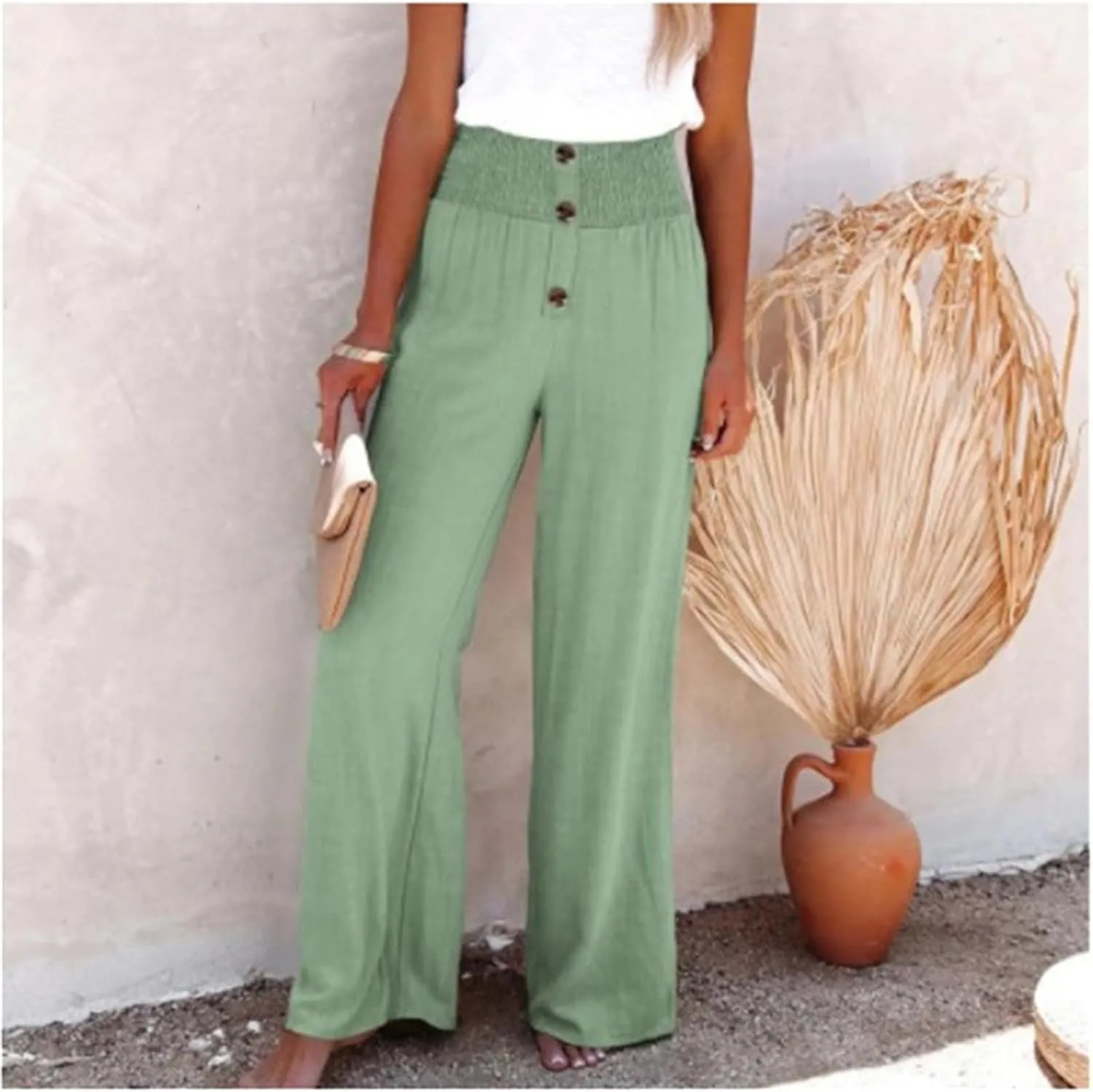 Lastesso Wide Leg Pants Woman Cotton Linen Summer Palazzo Pants Trendy High Waisted Palazzo Trousers Lightweight Boho Clothes