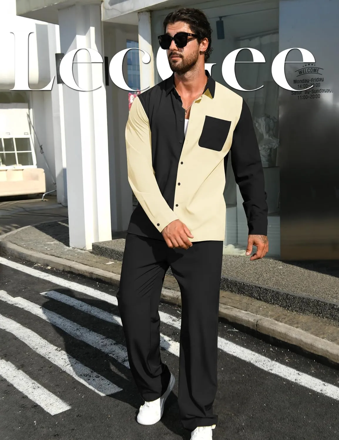 LecGee Mens 2 Piece Color Block Outfits Casual Long Sleeve Button Down Color Block Shirts and Pants Matching Set Sweatsuit