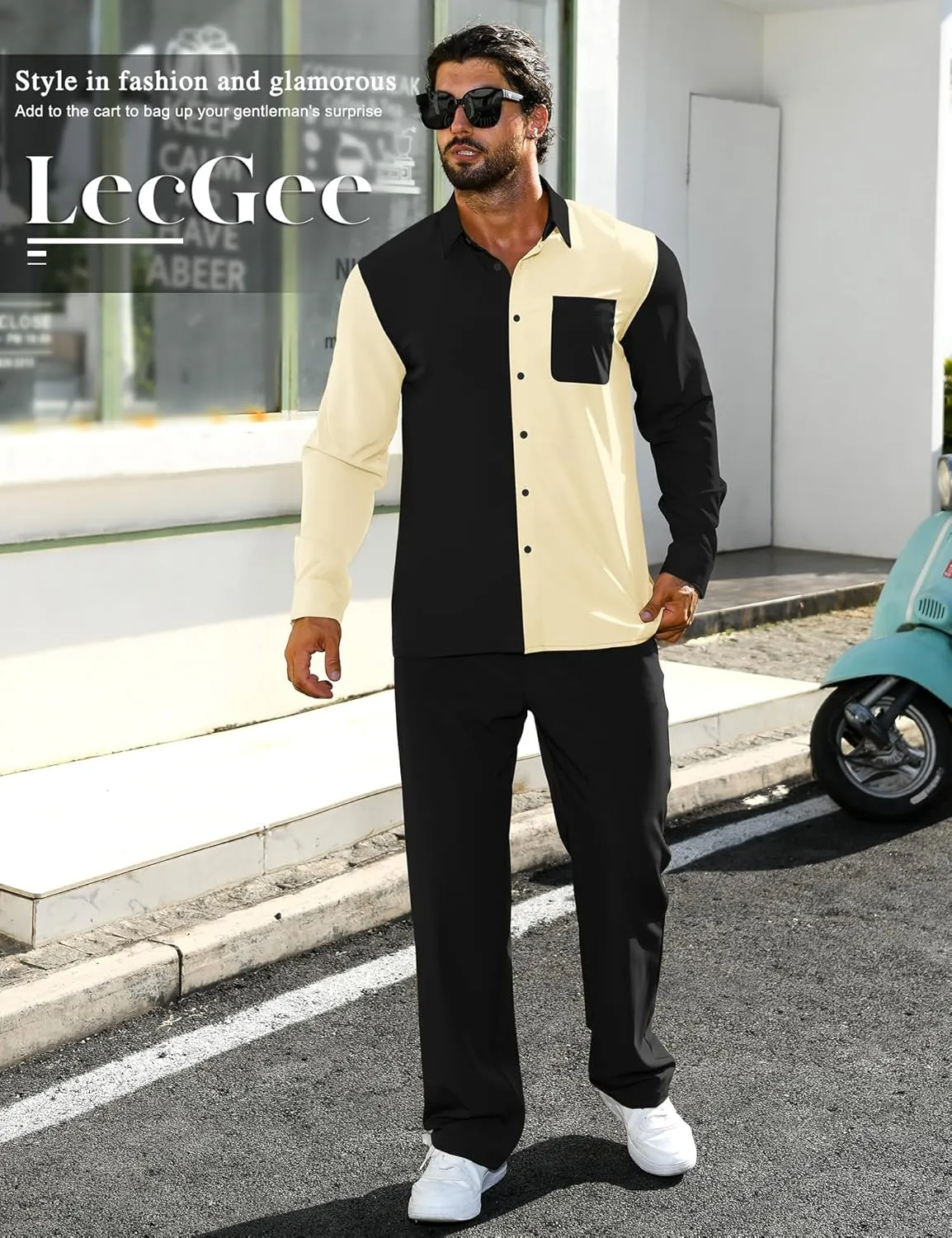 LecGee Mens 2 Piece Color Block Outfits Casual Long Sleeve Button Down Color Block Shirts and Pants Matching Set Sweatsuit