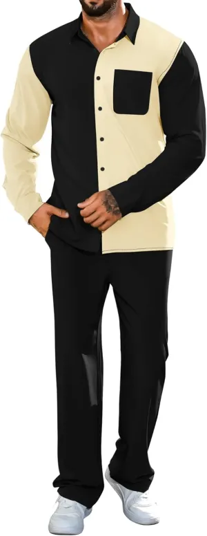 LecGee Mens 2 Piece Color Block Outfits Casual Long Sleeve Button Down Color Block Shirts and Pants Matching Set Sweatsuit