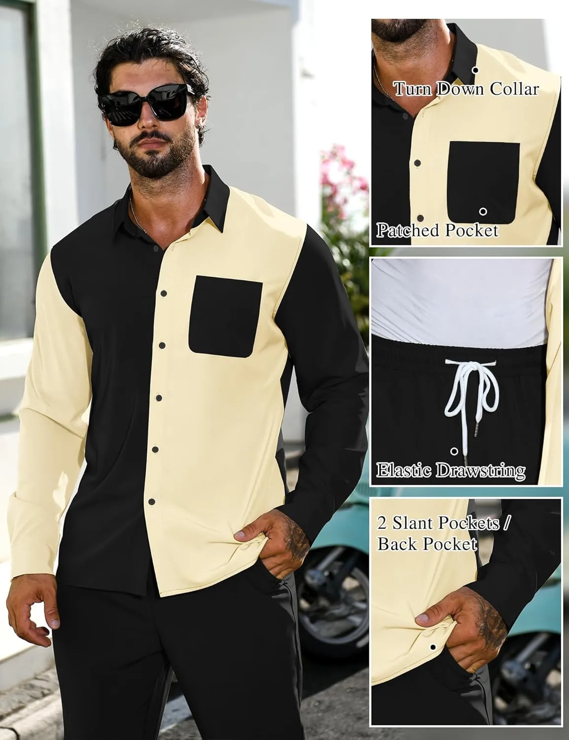 LecGee Mens 2 Piece Color Block Outfits Casual Long Sleeve Button Down Color Block Shirts and Pants Matching Set Sweatsuit